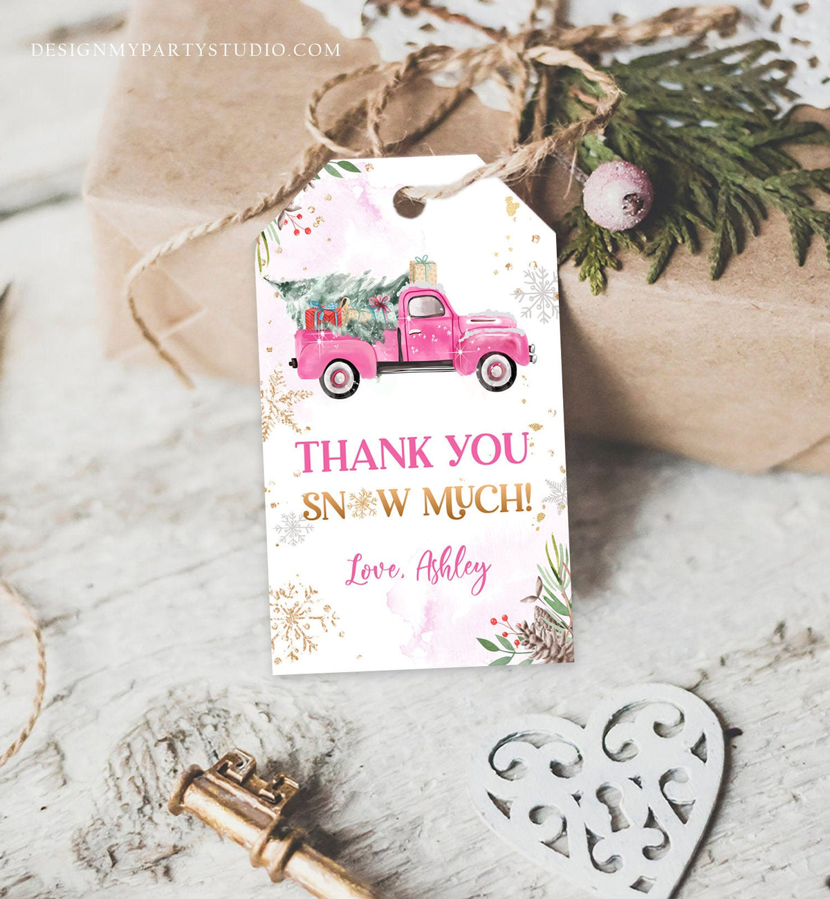 Editable Pink Truck Winter Favor Tag Holiday Christmas Thank You Snow Much Baby Shower Bridal Shower Birthday Gift Tag Corjl Printable 0356