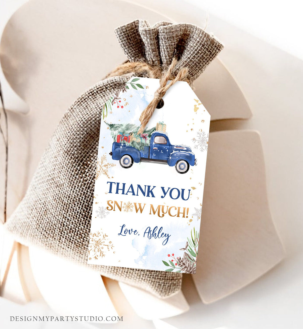 Editable Blue Truck Winter Favor Tag Holiday Christmas Thank You Snow Much Baby Shower Bridal Shower Birthday Gift Tag Corjl Printable 0356