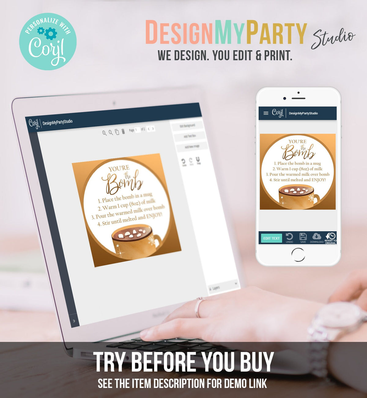 Editable Hot Chocolate Bomb Tags Bomb Instructions Cookies and Cocoa Favor Tags Winter Christmas You&#39;re The Bomb Gold Digital PRINTABLE 0353