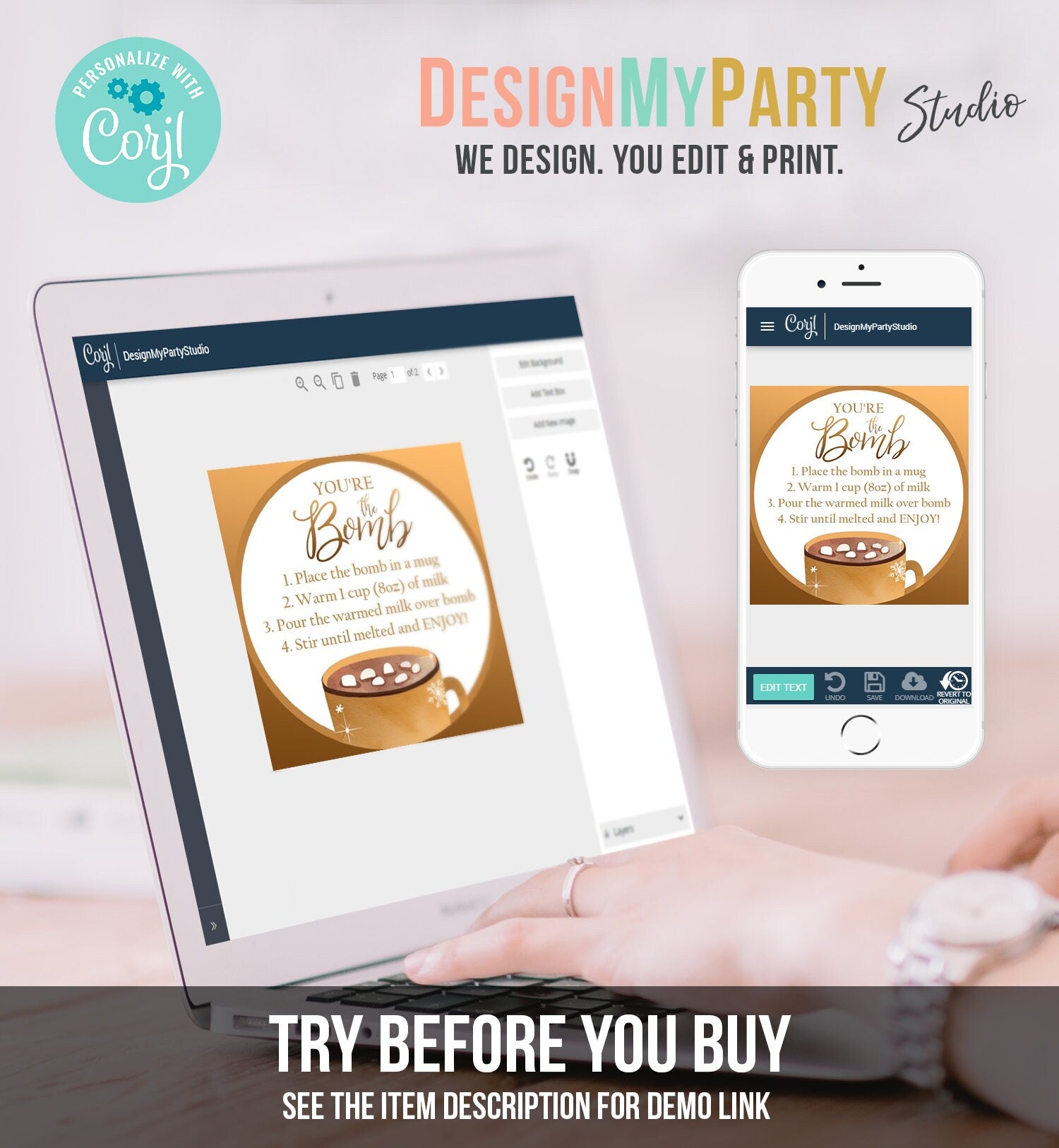 Editable Hot Chocolate Bomb Tags Bomb Instructions Cookies and Cocoa Favor Tags Winter Christmas You're The Bomb Gold Digital PRINTABLE 0353