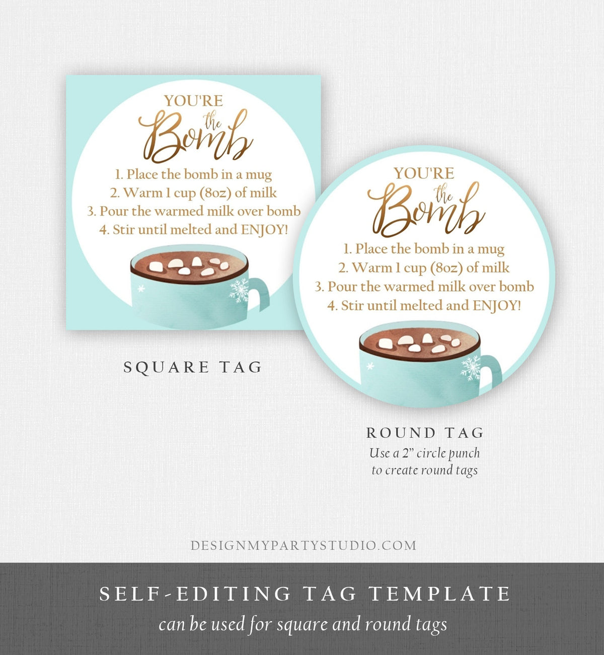 Editable Hot Chocolate Bomb Tags Bomb Instructions Cookies and Cocoa Favor Tags Winter Christmas You&#39;re The Bomb Blue Digital PRINTABLE 0353