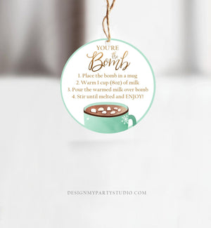 Editable Hot Chocolate Bomb Tags Bomb Instructions Cookies and Cocoa Favor Tag Winter Christmas You're The Bomb Green Digital PRINTABLE 0353