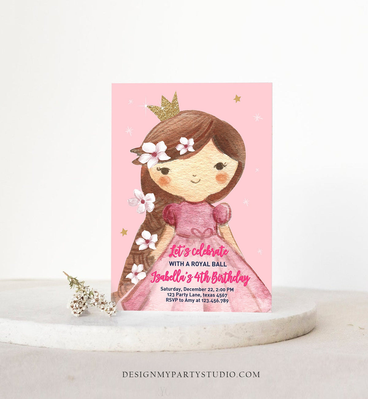 Editable Princess Birthday Invitation Girl Pink Gold Royal Ball Royal Birthday First ANY AGE Crown Download Corjl Template Printable 0171