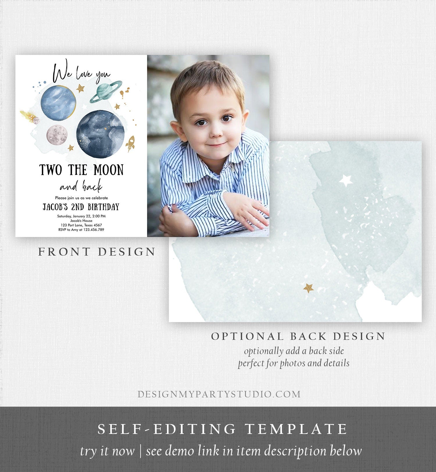 Editable Two the Moon 2nd Birthday Invitation Space Astronaut Love you to the Moon Galaxy Download Printable Template Digital Corjl 0357