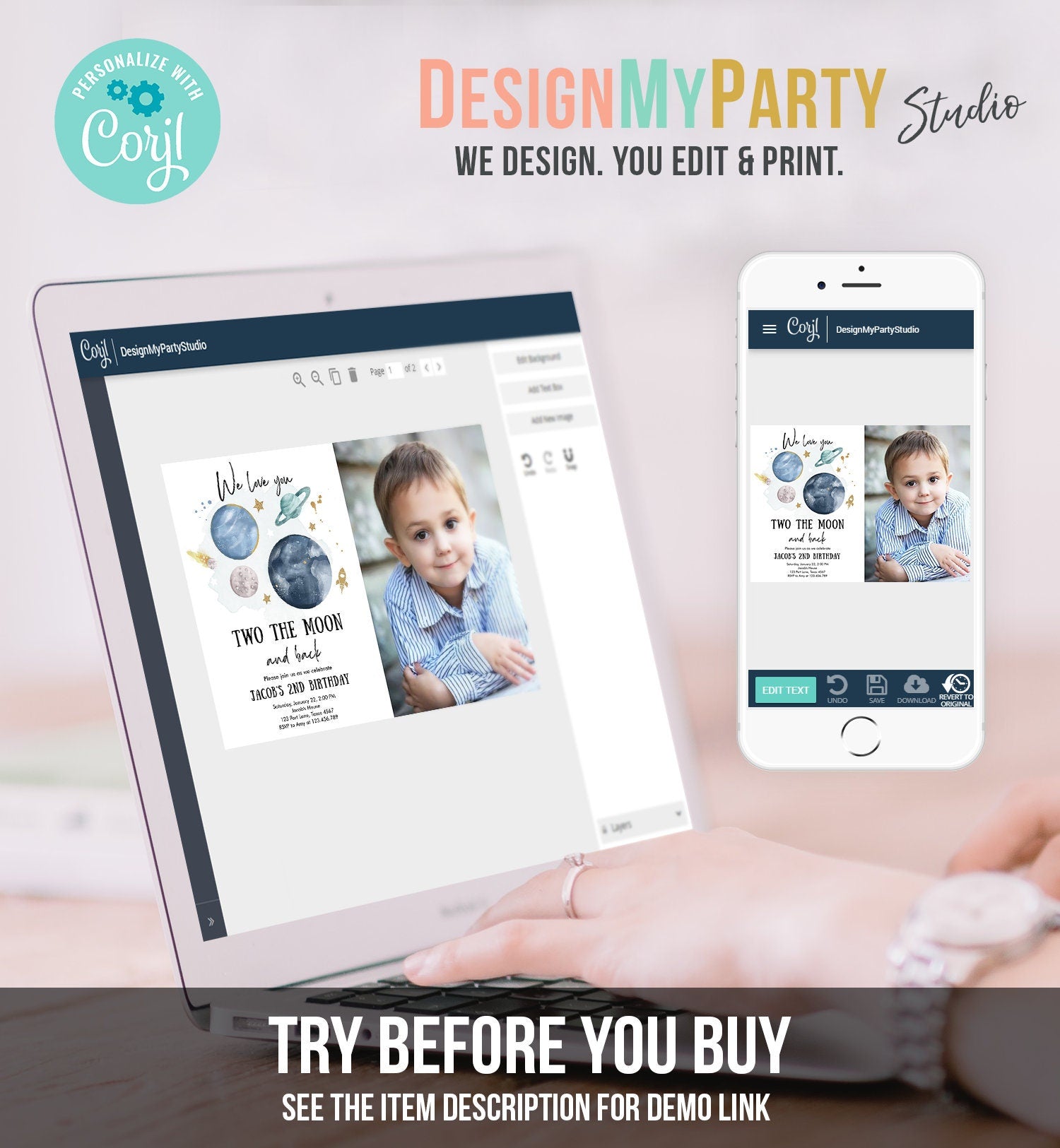 Editable Two the Moon 2nd Birthday Invitation Space Astronaut Love you to the Moon Galaxy Download Printable Template Digital Corjl 0357