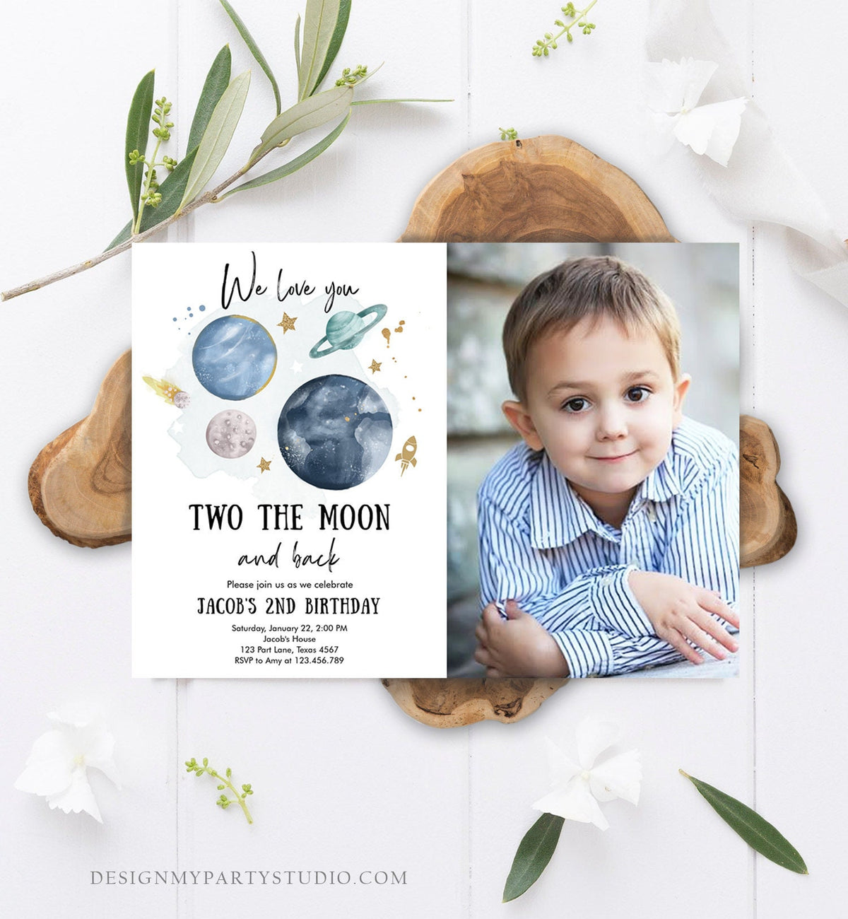 Editable Two the Moon 2nd Birthday Invitation Space Astronaut Love you to the Moon Galaxy Download Printable Template Digital Corjl 0357