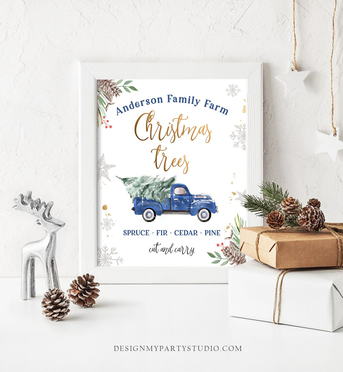 Editable Personalized Christmas Tree Farm Sign Farm Fresh Christmas Trees Home Decor Farmhouse Tree Blue Truck Template PRINTABLE Corjl 0356