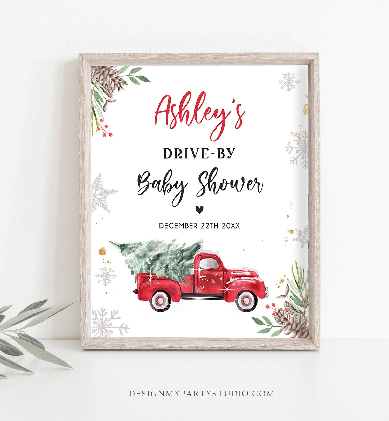 Editable Drive By Baby Shower Welcome Sign Christmas Tree Red Truck Winter Yard Snow Snowflakes Watercolor Corjl Template PRINTABLE 0356