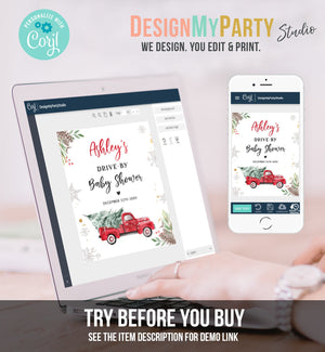 Editable Drive By Baby Shower Welcome Sign Christmas Tree Red Truck Winter Yard Snow Snowflakes Watercolor Corjl Template PRINTABLE 0356