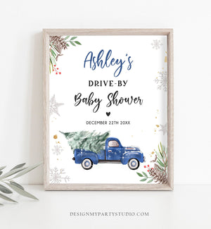 Editable Drive By Baby Shower Welcome Sign Christmas Tree Blue Truck Winter Yard Snow Snowflakes Watercolor Corjl Template PRINTABLE 0356