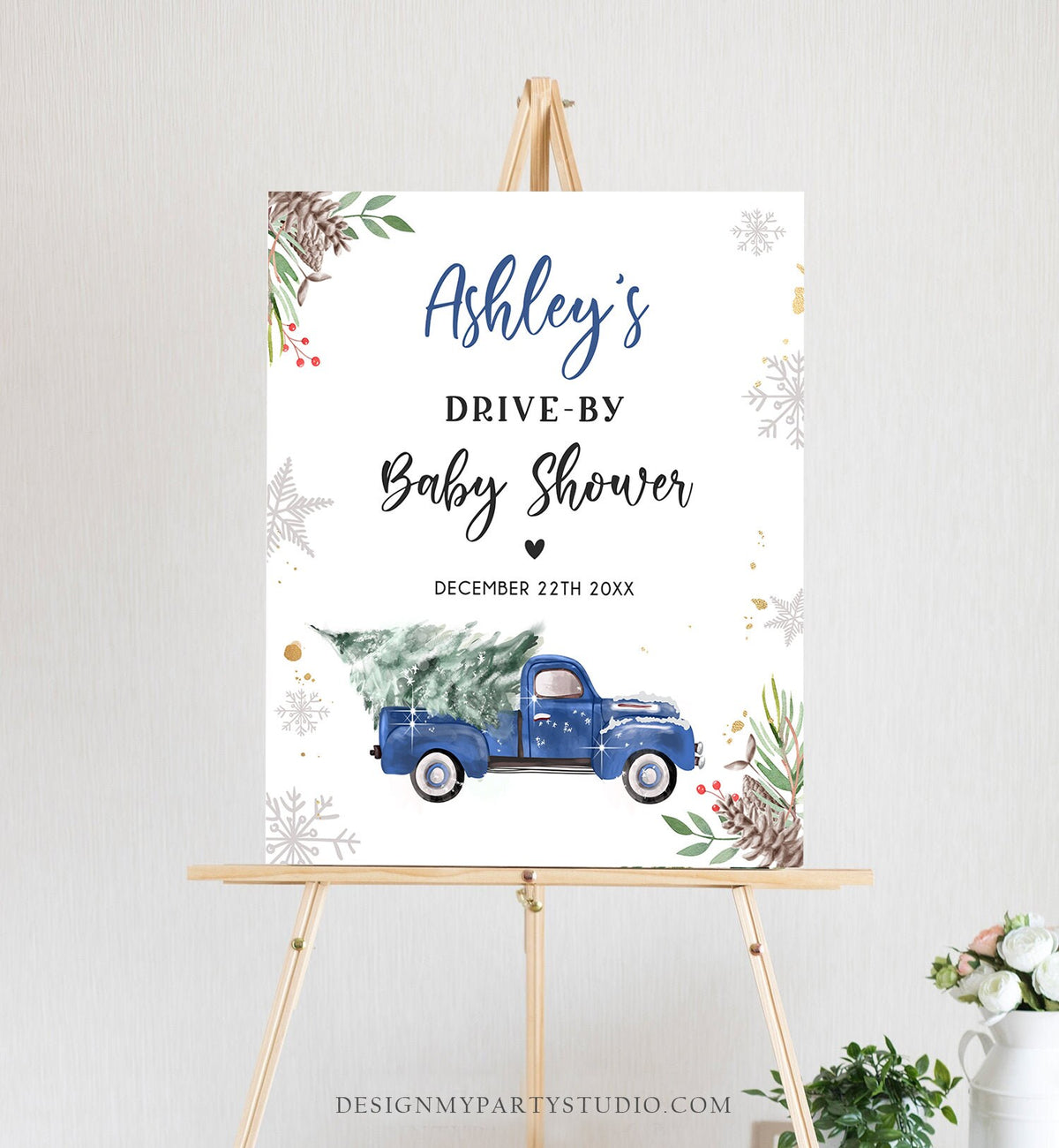 Editable Drive By Baby Shower Welcome Sign Christmas Tree Blue Truck Winter Yard Snow Snowflakes Watercolor Corjl Template PRINTABLE 0356