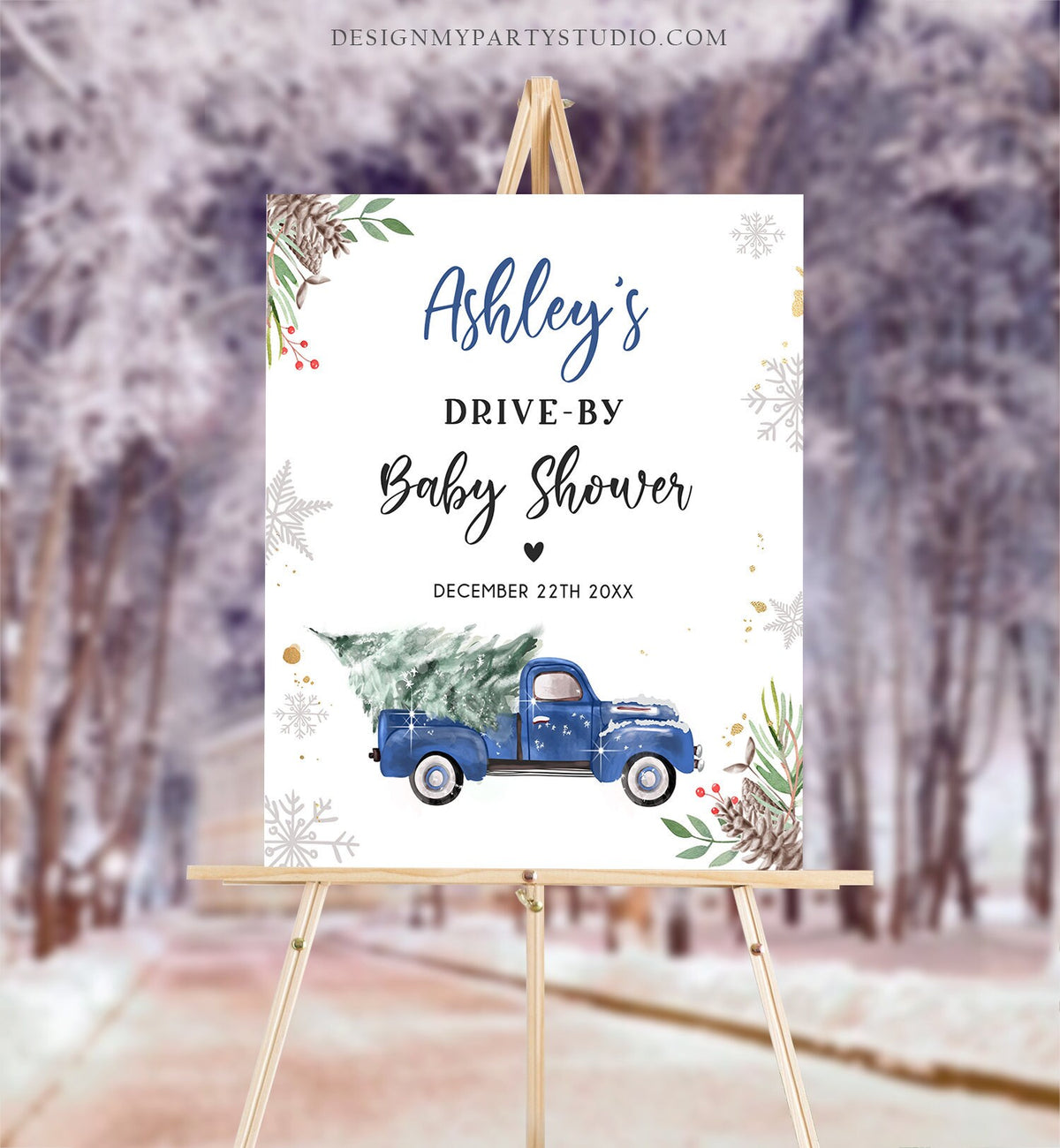 Editable Drive By Baby Shower Welcome Sign Christmas Tree Blue Truck Winter Yard Snow Snowflakes Watercolor Corjl Template PRINTABLE 0356