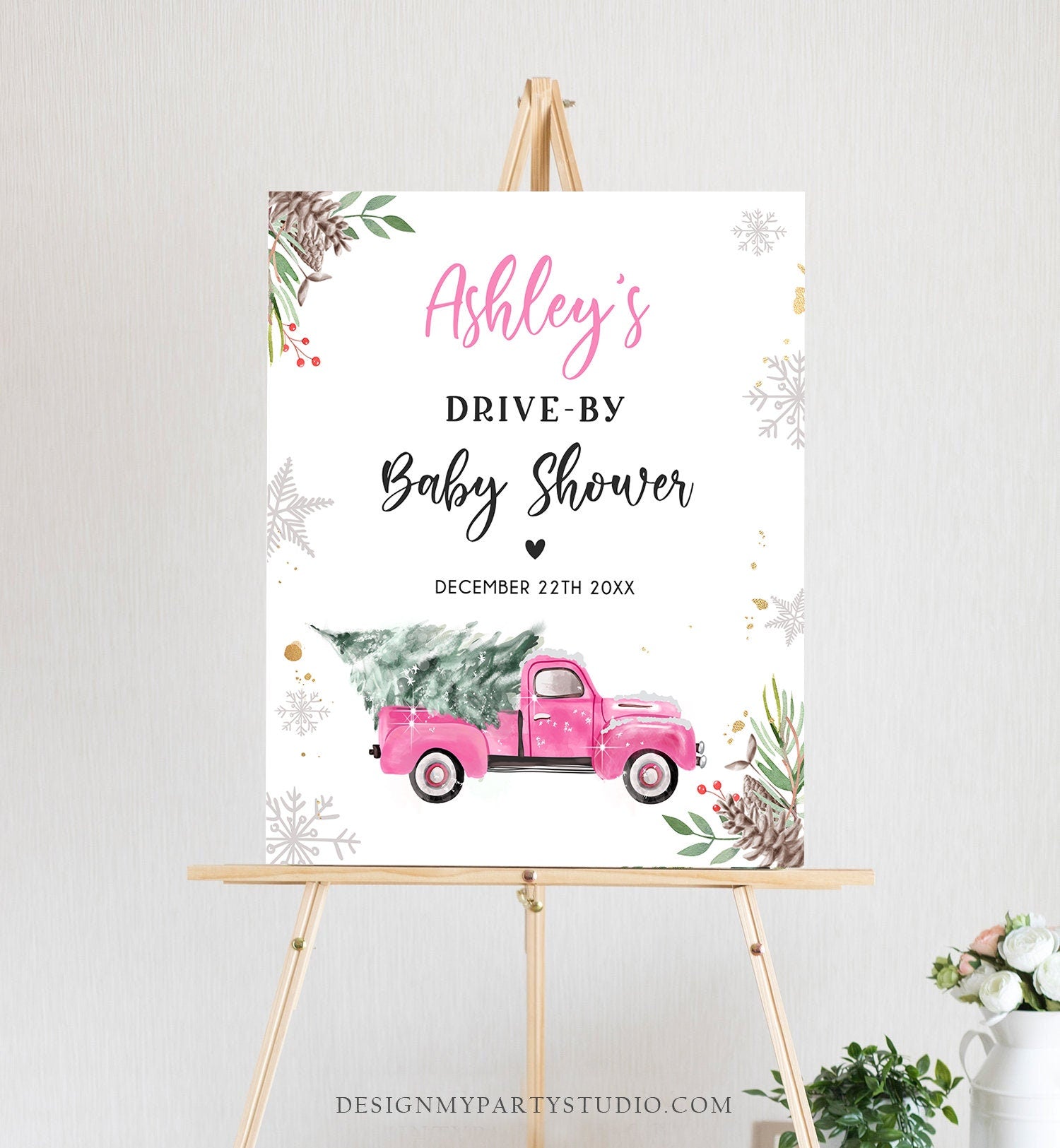 Editable Drive By Baby Shower Welcome Sign Christmas Tree Pink Truck Winter Yard Snow Snowflakes Watercolor Corjl Template PRINTABLE 0356