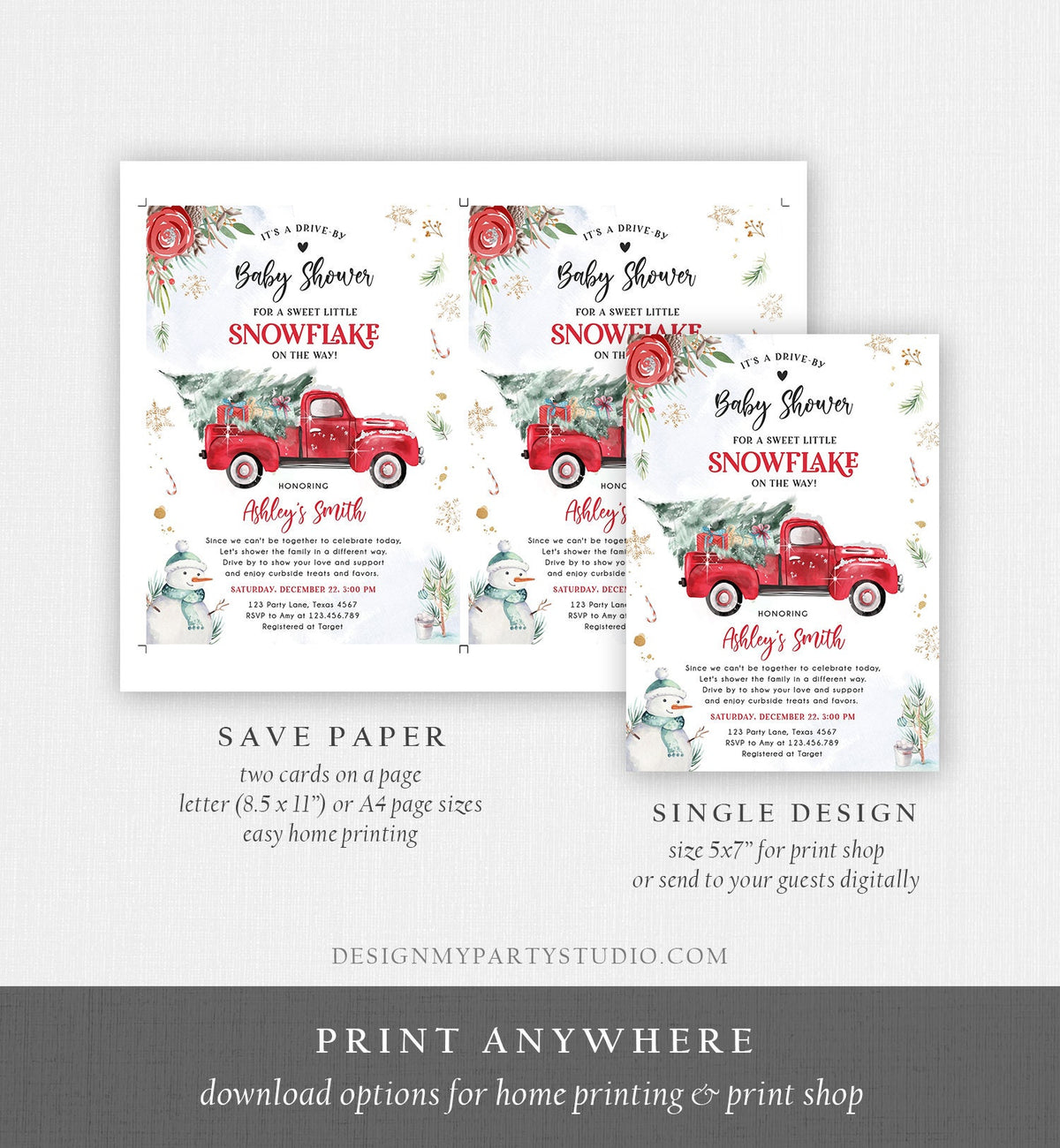 Editable Winter Drive By Baby Shower Invitation Red Truck Little Snowflake Gender Neutral Drive Through Tree Template Download Corjl 0356