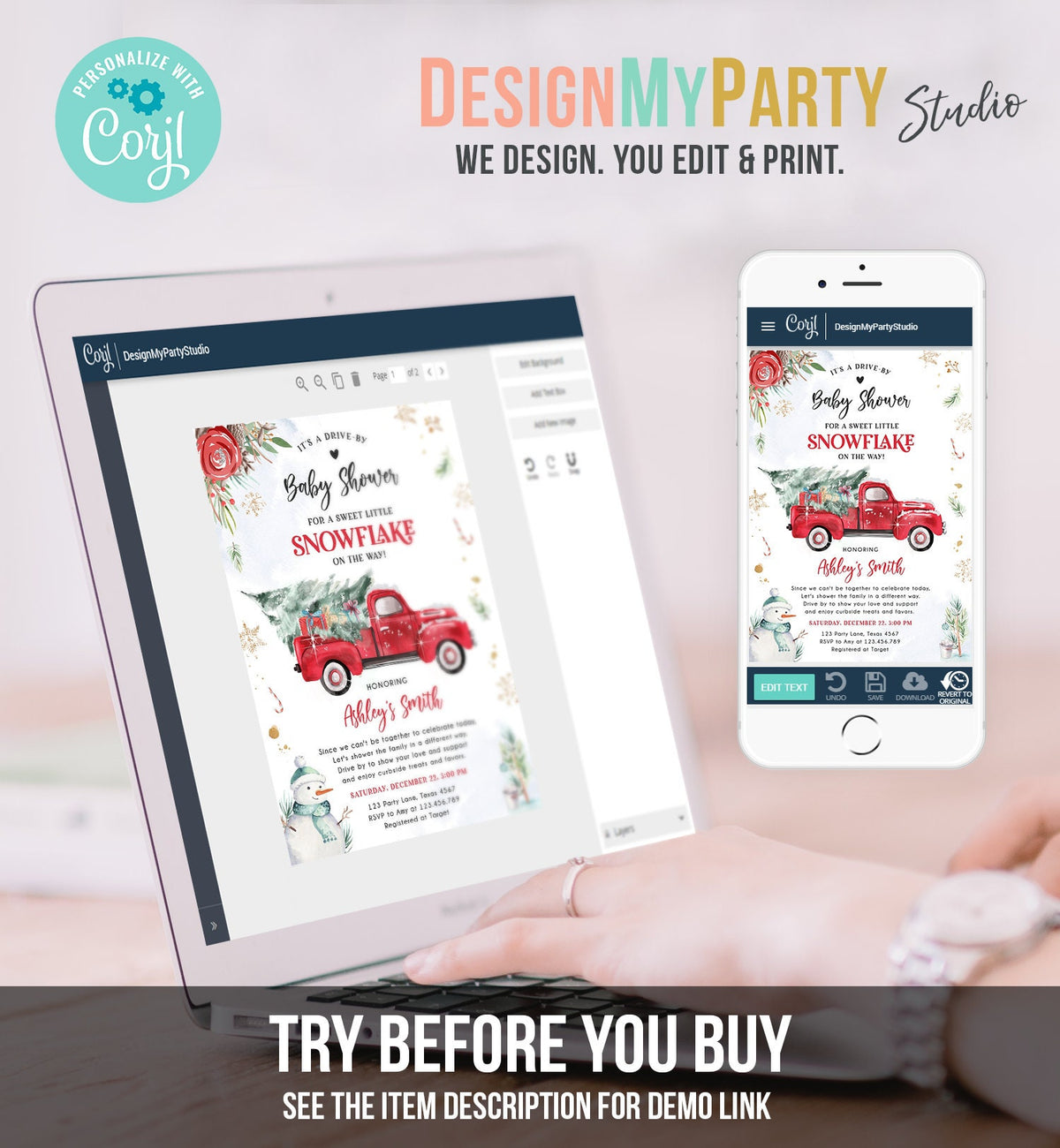 Editable Winter Drive By Baby Shower Invitation Red Truck Little Snowflake Gender Neutral Drive Through Tree Template Download Corjl 0356