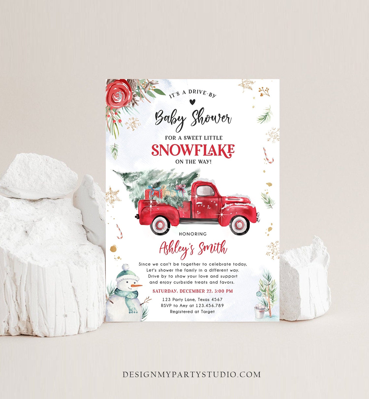 Editable Winter Drive By Baby Shower Invitation Red Truck Little Snowflake Gender Neutral Drive Through Tree Template Download Corjl 0356