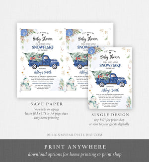 Editable Winter Drive By Baby Shower Invitation Blue Truck Little Snowflake Baby Boy Drive Through Tree Template Download Corjl 0356