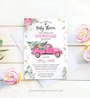 Editable Winter Drive By Baby Shower Invitation Pink Truck Little Snowflake Baby Girl Drive Through Tree Template Download Corjl 0356