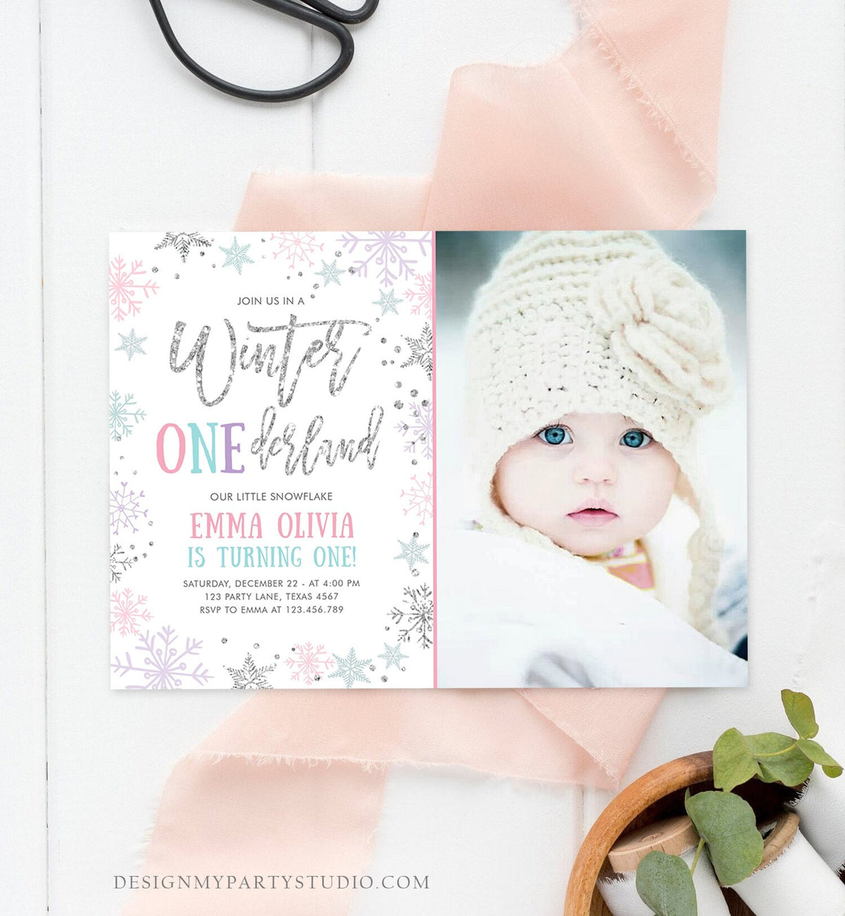 Editable Winter ONEderland Birthday Invitation First Birthday Snowflakes Pink Silver Purple Teal Ice Download Printable Template Corjl 0256