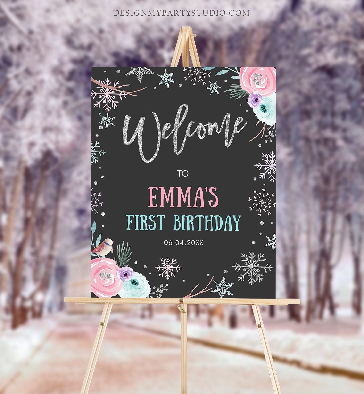 Editable Winter Onederland Welcome Sign First Birthday Girl Pink Silver Little Snowflake Floral Wonderland Corjl Template Printable 0256
