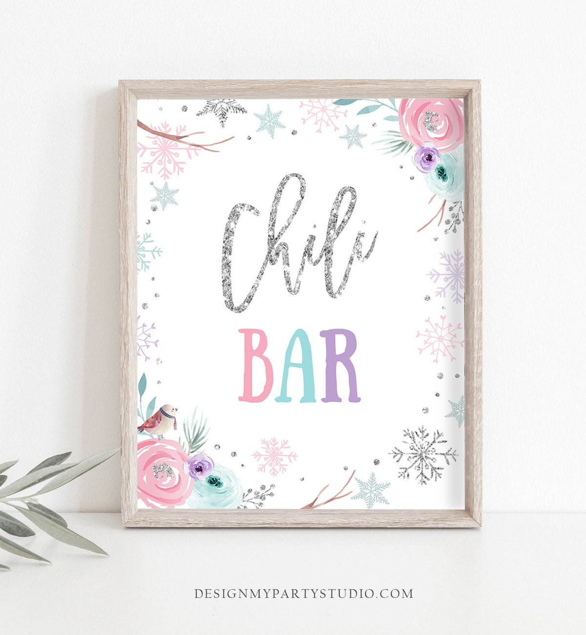 Chili Bar Sign Winter Wonderland Onederland First Birthday Decor Food Table Girl Teal Pink Silver Snowflakes Floral Download Printable 0256