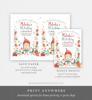 Editable Christmas Birthday Party Invitation Elf Birthday Invite Winter Best Time of The Year Girl Pink Gold Printable Template DIY 0358