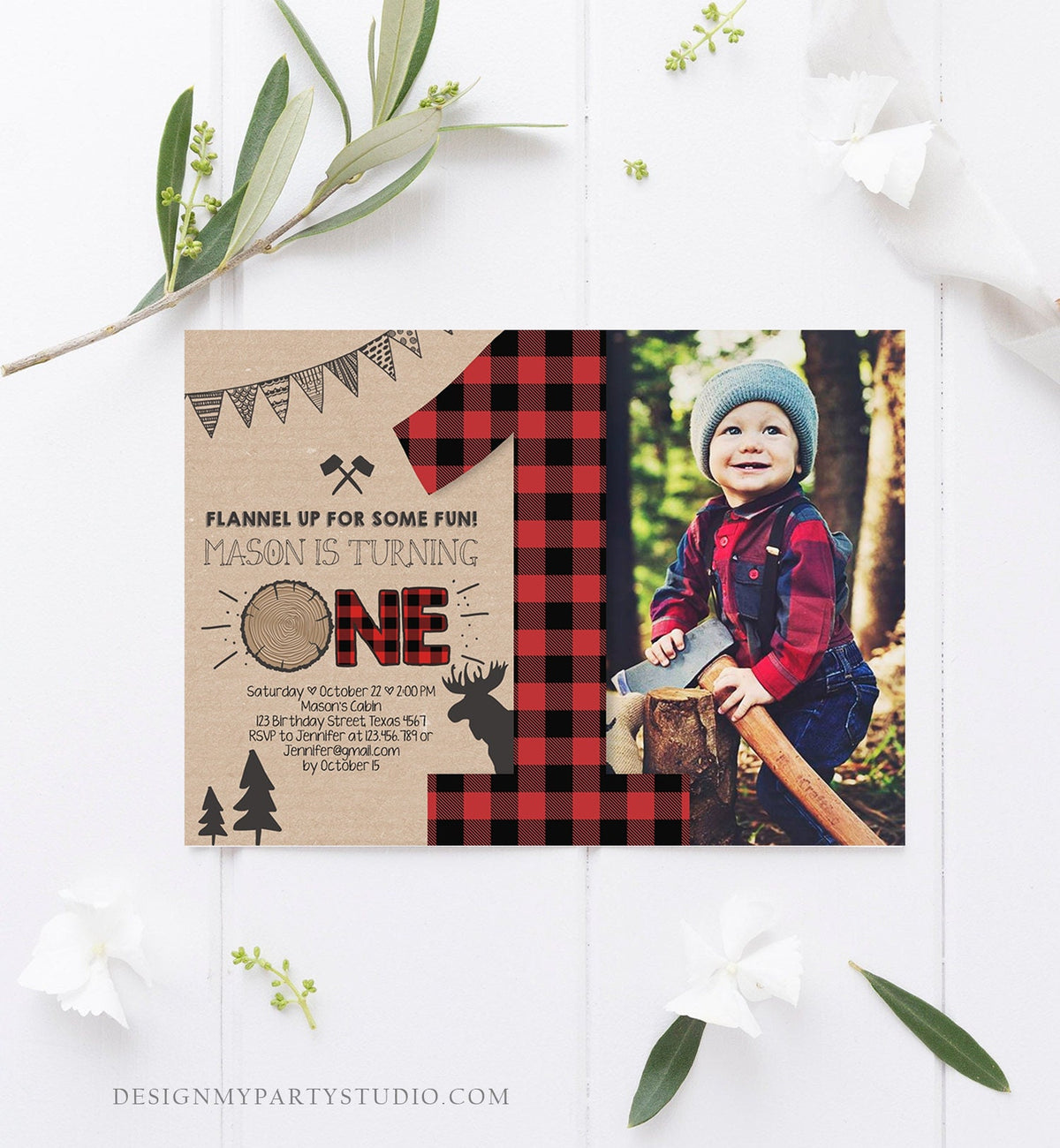 Editable Lumberjack Birthday Invitation Rustic Woodland Birthday Moose Deer Forest Red Plaid Instant Download Printable Template Corjl 0026