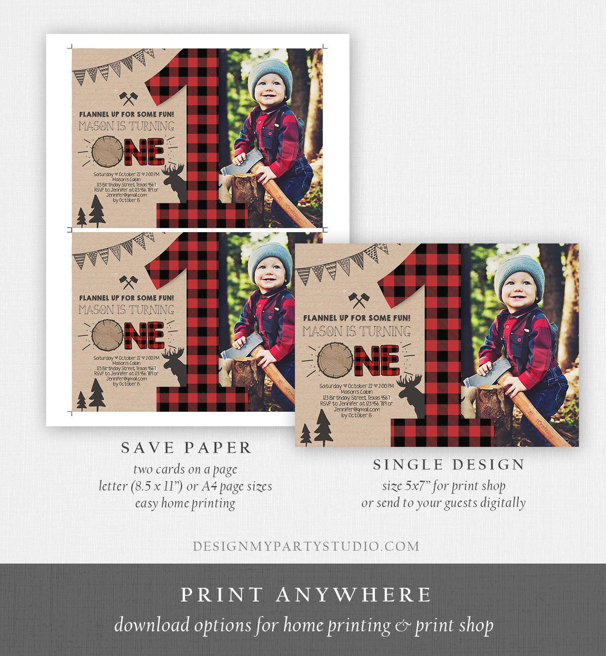 Editable Lumberjack Birthday Invitation Rustic Woodland Birthday Moose Deer Forest Red Plaid Instant Download Printable Template Corjl 0026