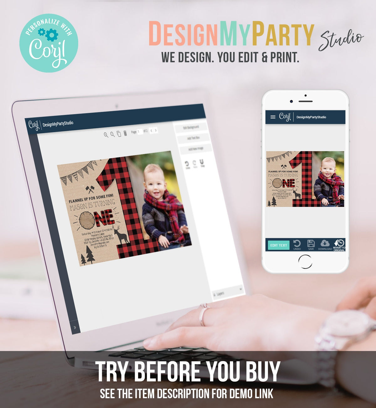 Editable Lumberjack Birthday Invitation Rustic Woodland Birthday Deer Forest Red Plaid Instant Download Printable Template Corjl 0026