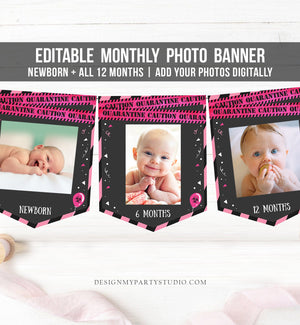 Editable Quarantine First Birthday Banner Monthly Photo Banner Girl Pink Drive By Social Distancing Download Corjl Template Printable 0334