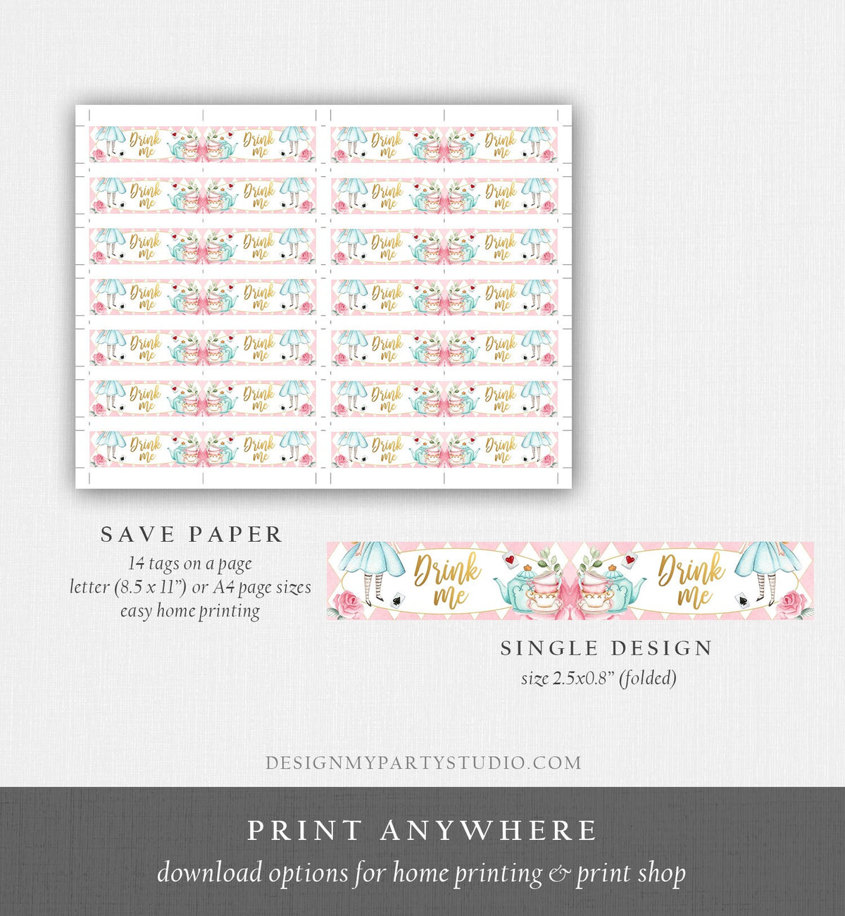 Editable Alice in Wonderland Straw Tag Drink Me Straw Flag Alice in Onederland Mad Tea Party Straw Label Pink Gold Girl Corjl 0350