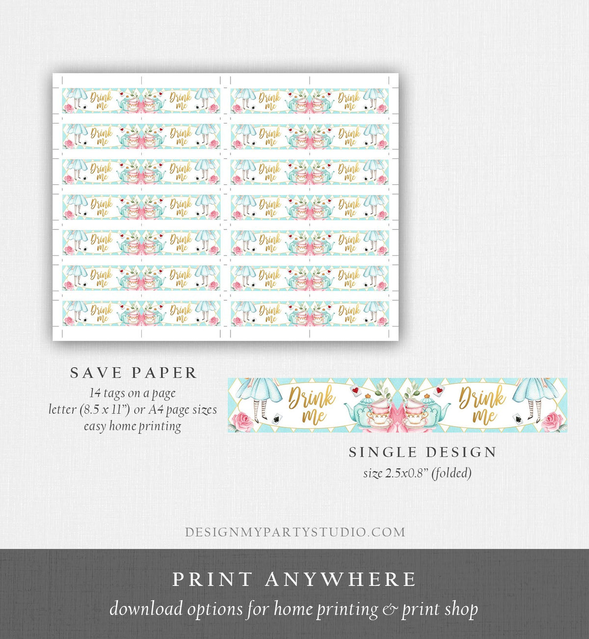 Editable Alice in Wonderland Straw Tag Drink Me Straw Flag Alice in Onederland Mad Tea Party Straw Label Pink Blue Gold Girl Corjl 0350