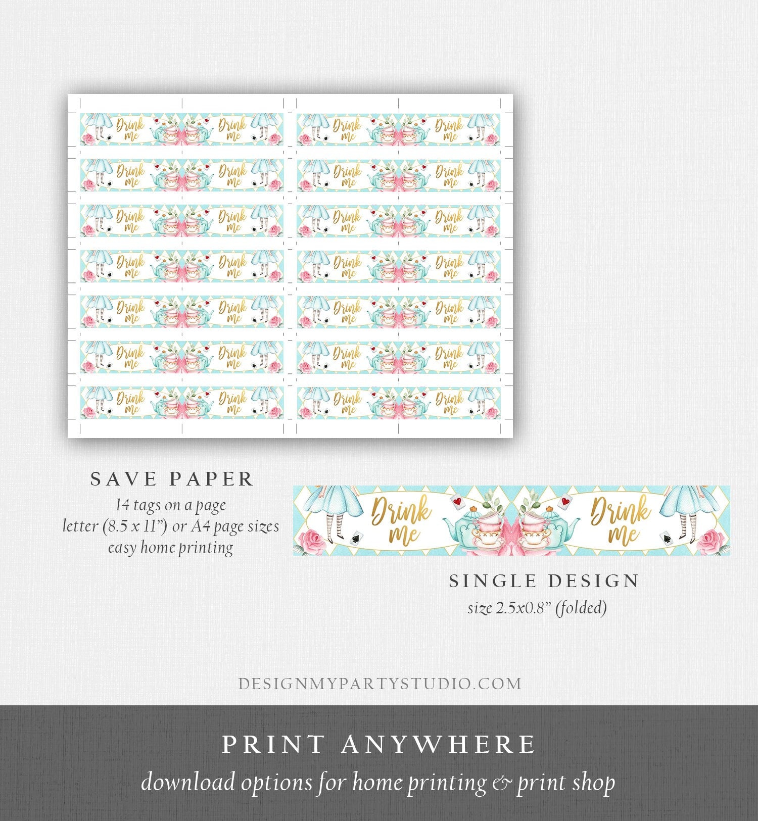 Editable Alice in Wonderland Straw Tag Drink Me Straw Flag Alice in Onederland Mad Tea Party Straw Label Pink Blue Gold Girl Corjl 0350