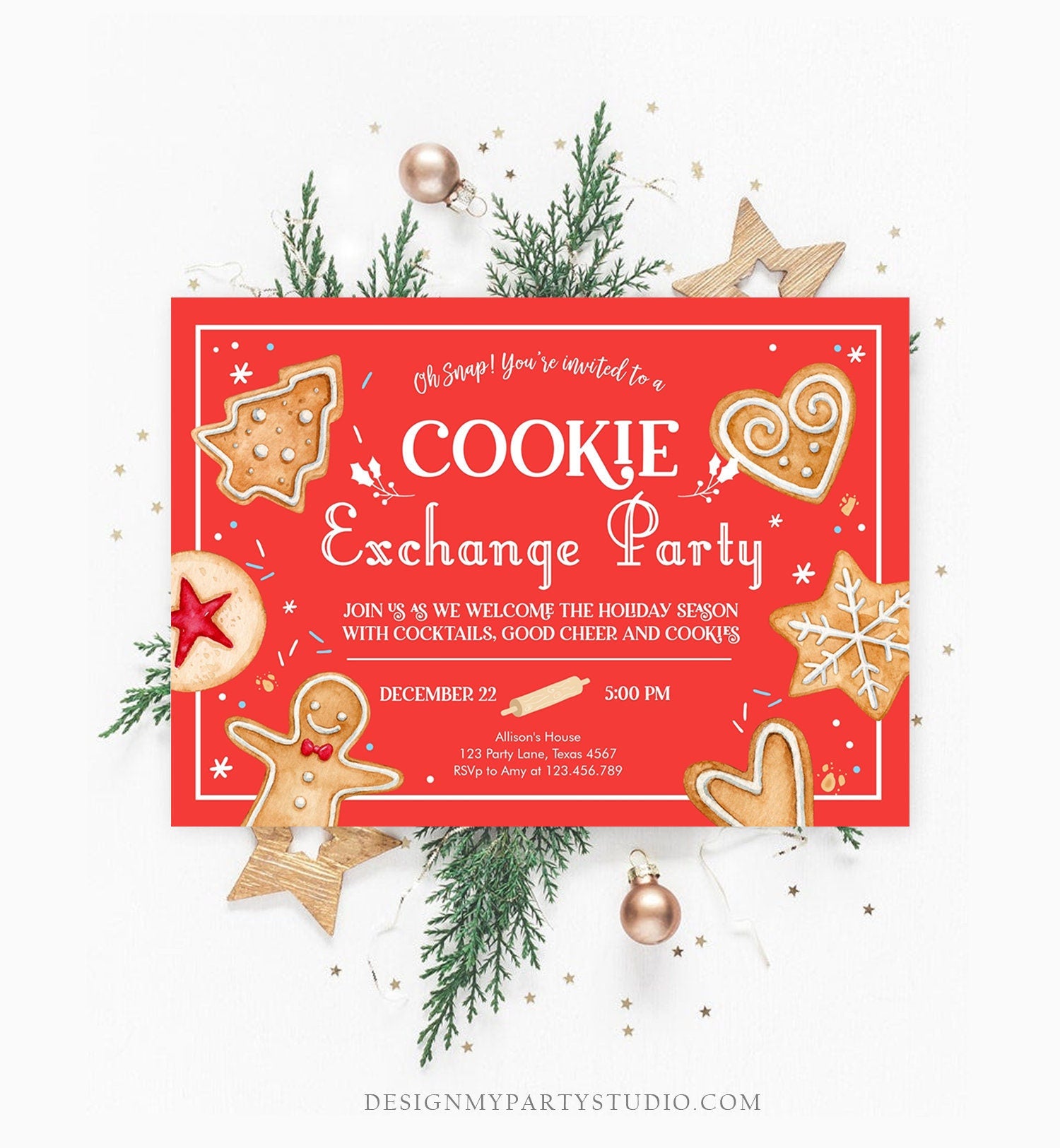 Editable Holiday Cookie Exchange Party Invitation Oh Snap Cookie Chris - Design My Party Studio editable-holiday-cookie-exchange-party-invitation-oh-snap-cookie-chris-design-my-party-studio