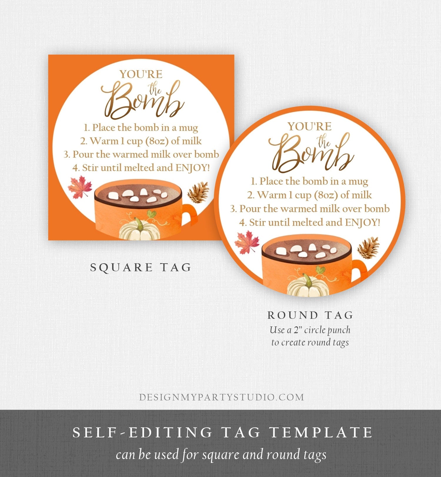 Editable Fall Hot Chocolate Bomb Tags Bomb Instructions Thanksgiving Pumpkin Orange Favor Tags You're The Bomb Tag Digital PRINTABLE 0353