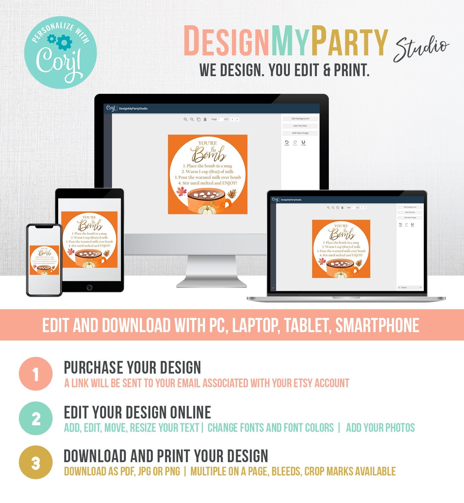 Editable Fall Hot Chocolate Bomb Tags Bomb Instructions Thanksgiving Pumpkin Orange Favor Tags You're The Bomb Tag Digital PRINTABLE 0353