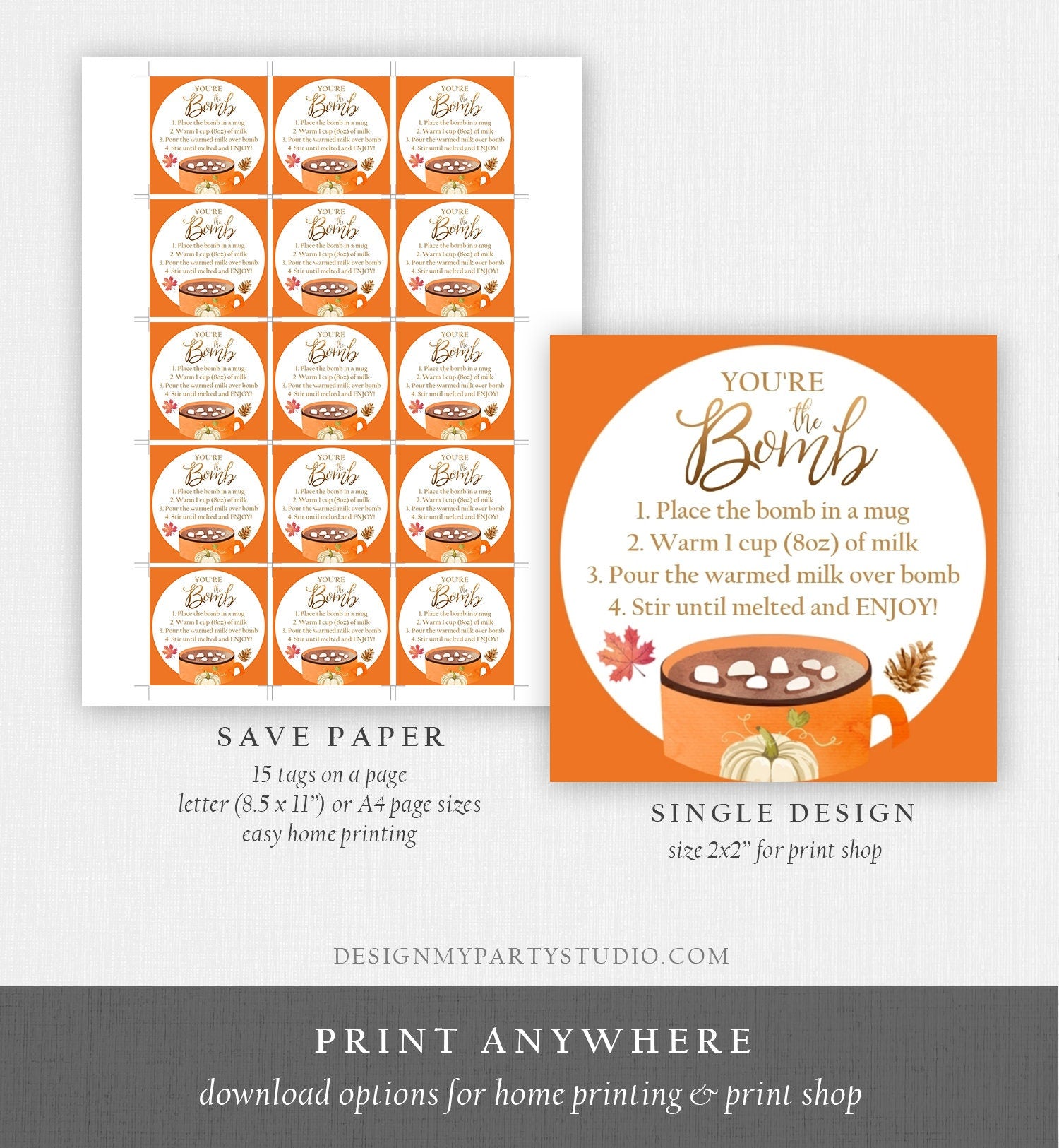 Editable Fall Hot Chocolate Bomb Tags Bomb Instructions Thanksgiving Pumpkin Orange Favor Tags You're The Bomb Tag Digital PRINTABLE 0353