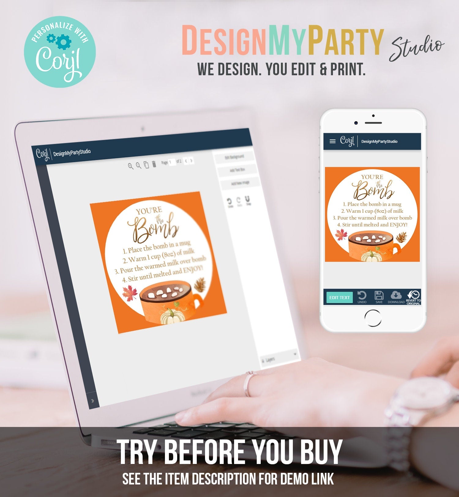 Editable Fall Hot Chocolate Bomb Tags Bomb Instructions Thanksgiving Pumpkin Orange Favor Tags You're The Bomb Tag Digital PRINTABLE 0353