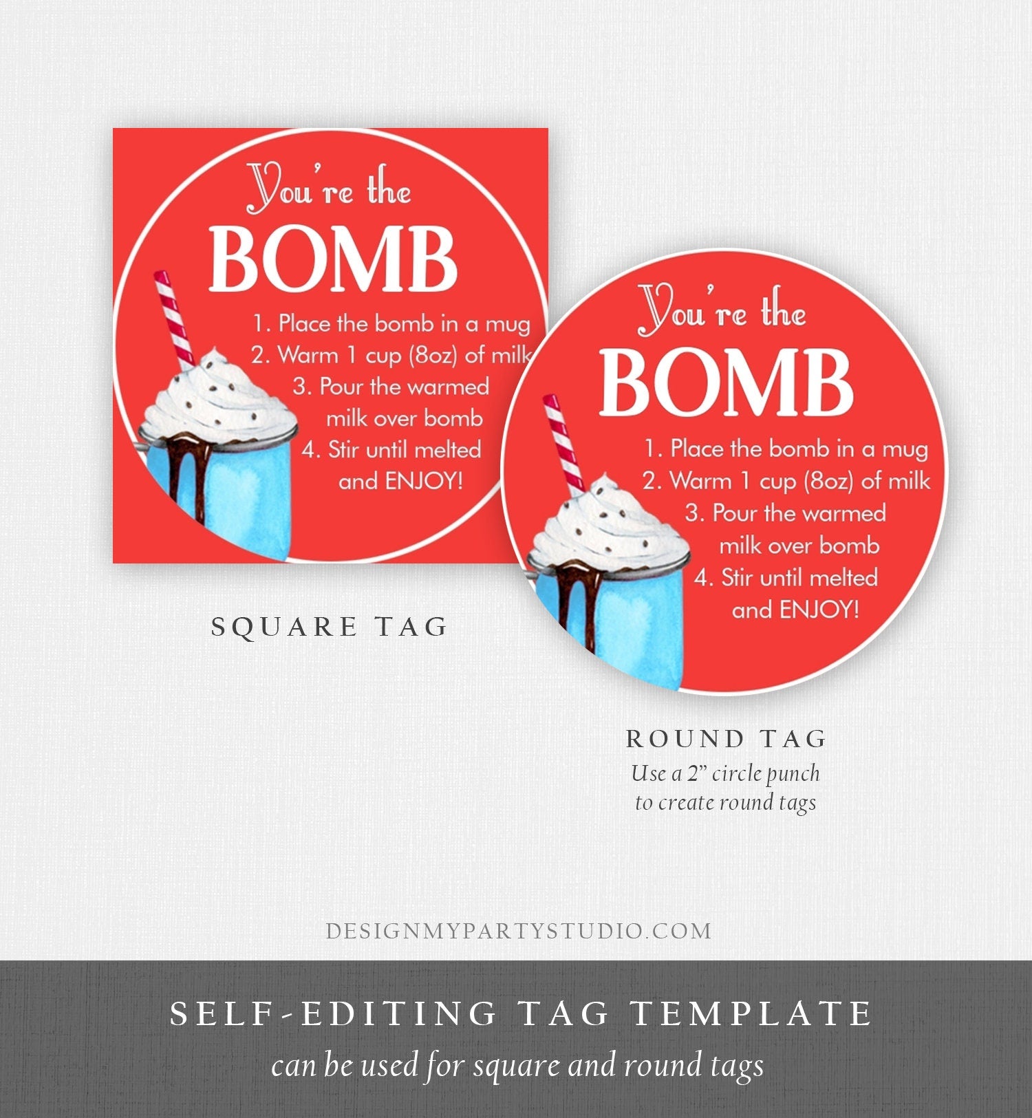 Editable Hot Chocolate Bomb Tags Bomb Instructions Cookies and Cocoa Favor Tags Winter Christmas You're The Bomb Red Digital PRINTABLE 0360