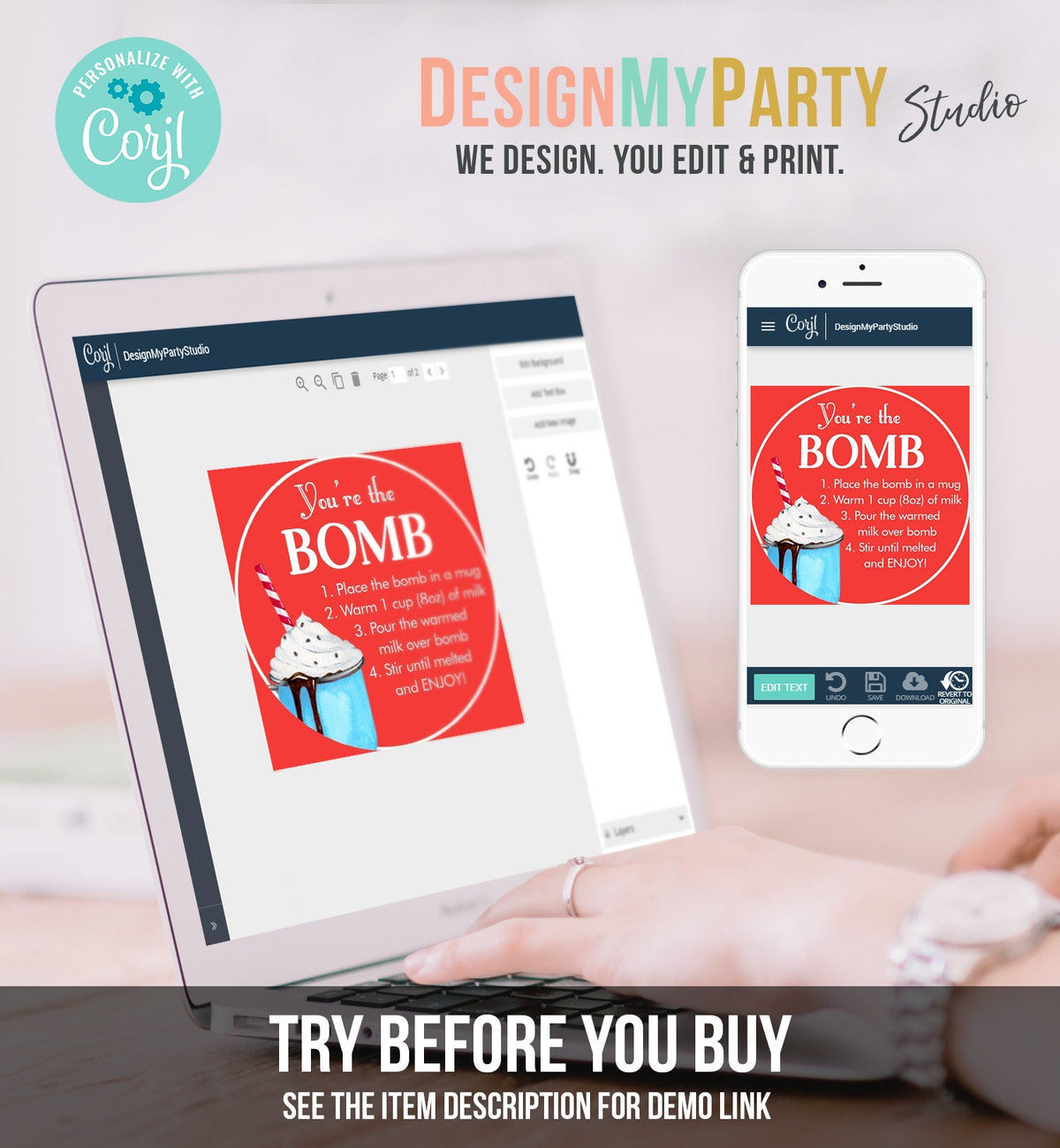 Editable Hot Chocolate Bomb Tags Bomb Instructions Cookies and Cocoa Favor Tags Winter Christmas You&#39;re The Bomb Red Digital PRINTABLE 0360