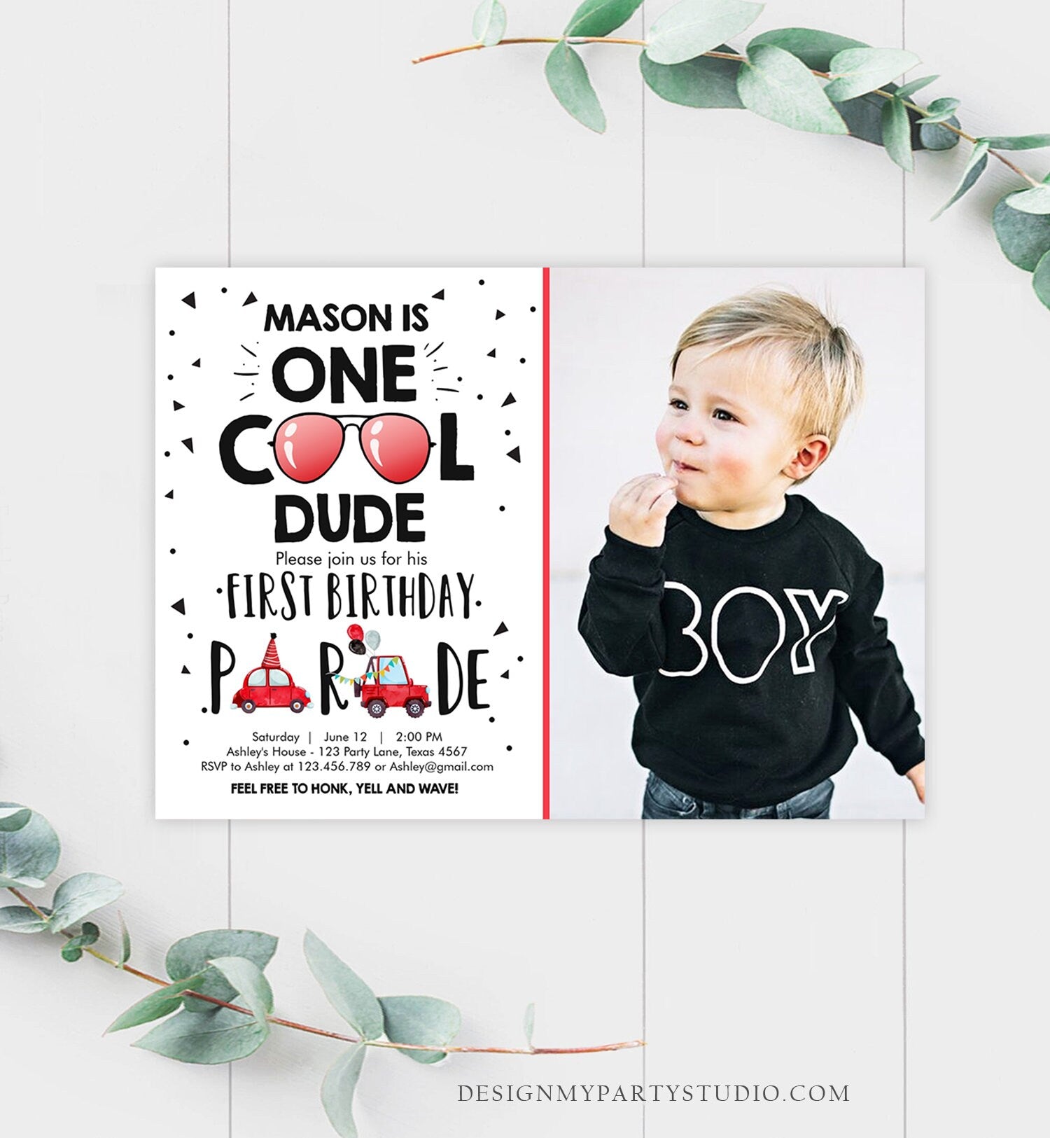 Editable Drive By Birthday Parade Invitation 1st Birthday One Cool Dude Invite Honk Wave Car Boy First Instant Download Digital Corjl 0136