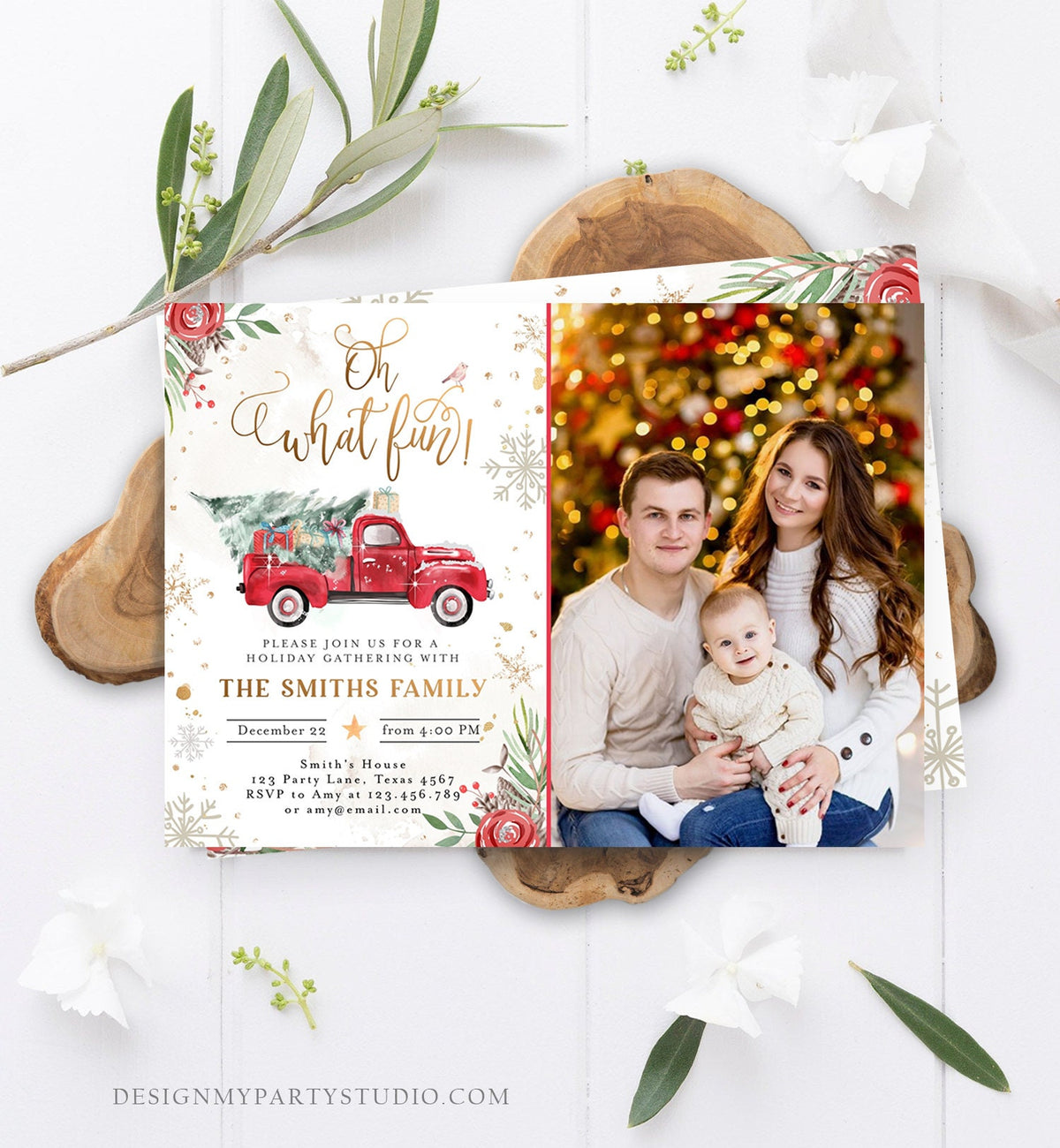 Editable Oh What Fun! Holiday Party Christmas Party Invitation Red Truck Tree Winter Birthday Personalized Printable Template Corjl 0356