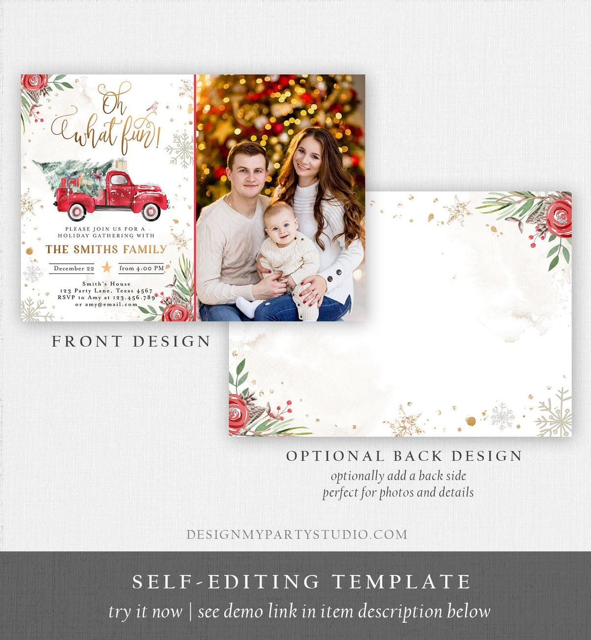 Editable Oh What Fun! Holiday Party Christmas Party Invitation Red Truck Tree Winter Birthday Personalized Printable Template Corjl 0356