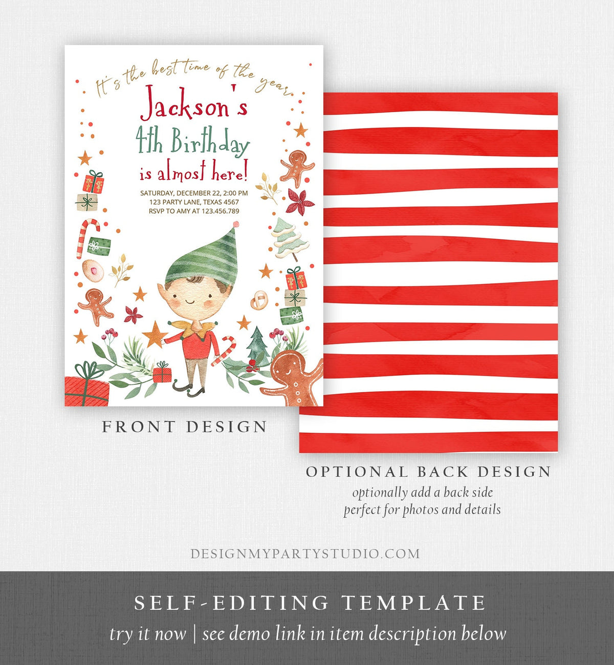 Editable Christmas Birthday Party Invitation Elf Birthday Invite Winter Best Time of The Year Boy Elf Party Printable Template DIY 0358