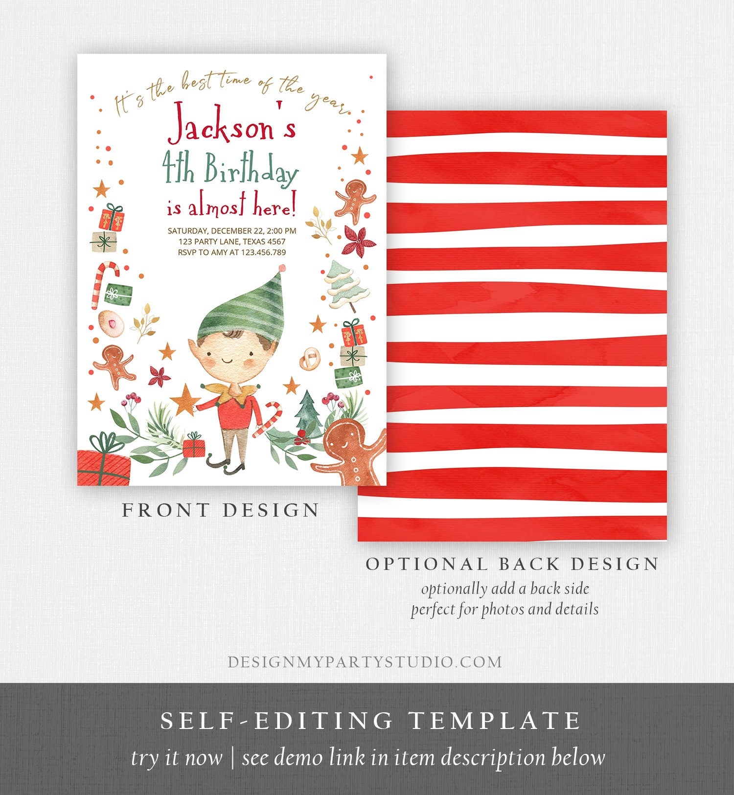 Editable Christmas Birthday Party Invitation Elf Birthday Invite Winter Best Time of The Year Boy Elf Party Printable Template DIY 0358