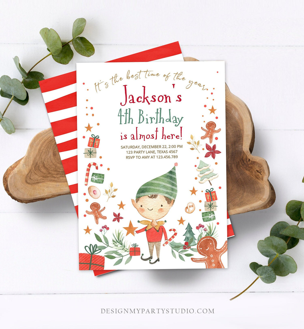 Editable Christmas Birthday Party Invitation Elf Birthday Invite Winter Best Time of The Year Boy Elf Party Printable Template DIY 0358
