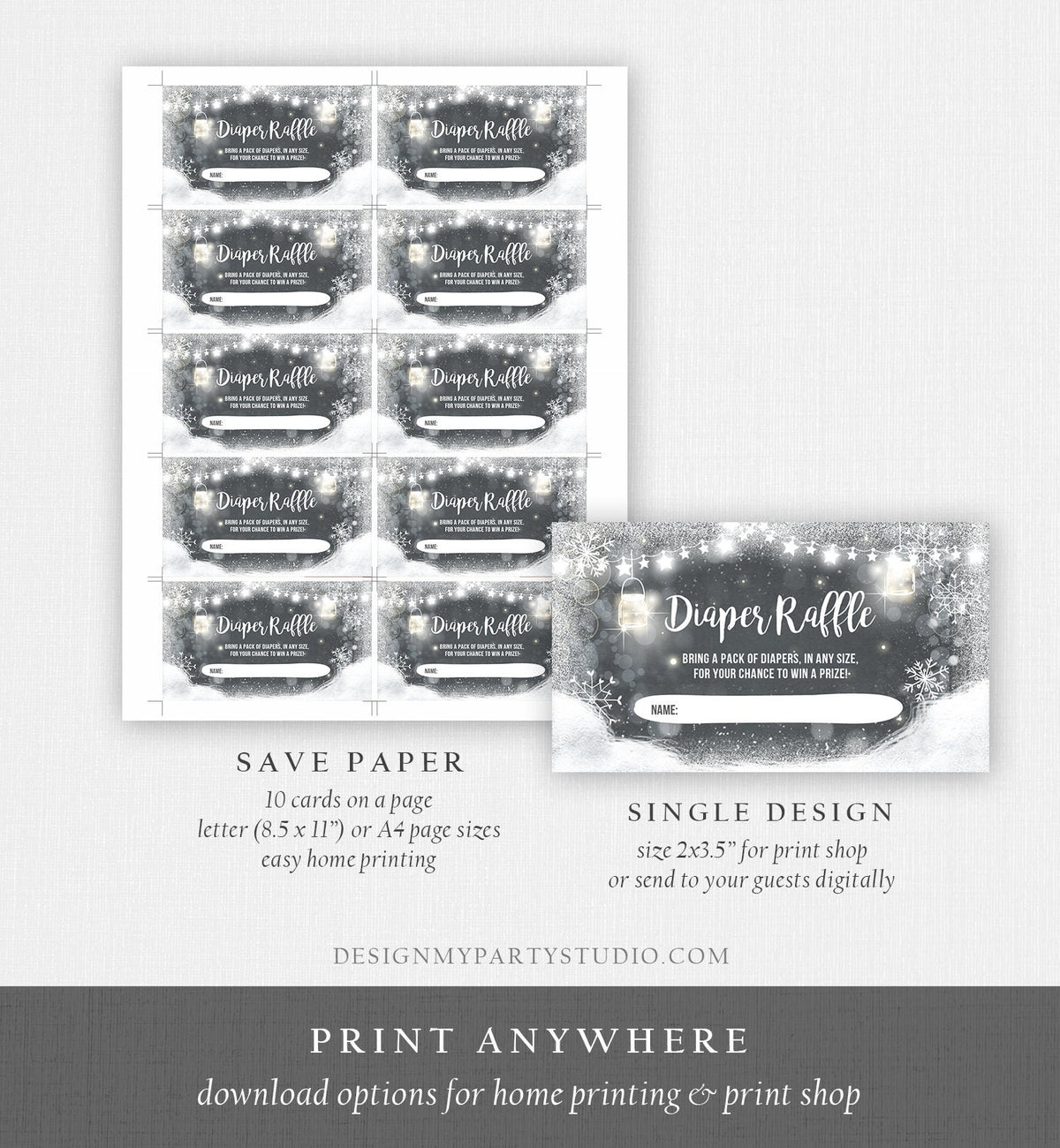 Editable Diaper Raffle Ticket Diaper Game Card Baby It&#39;s Cold Outside Winter Snowflakes Gold Silver Download Template Corjl Printable 0031