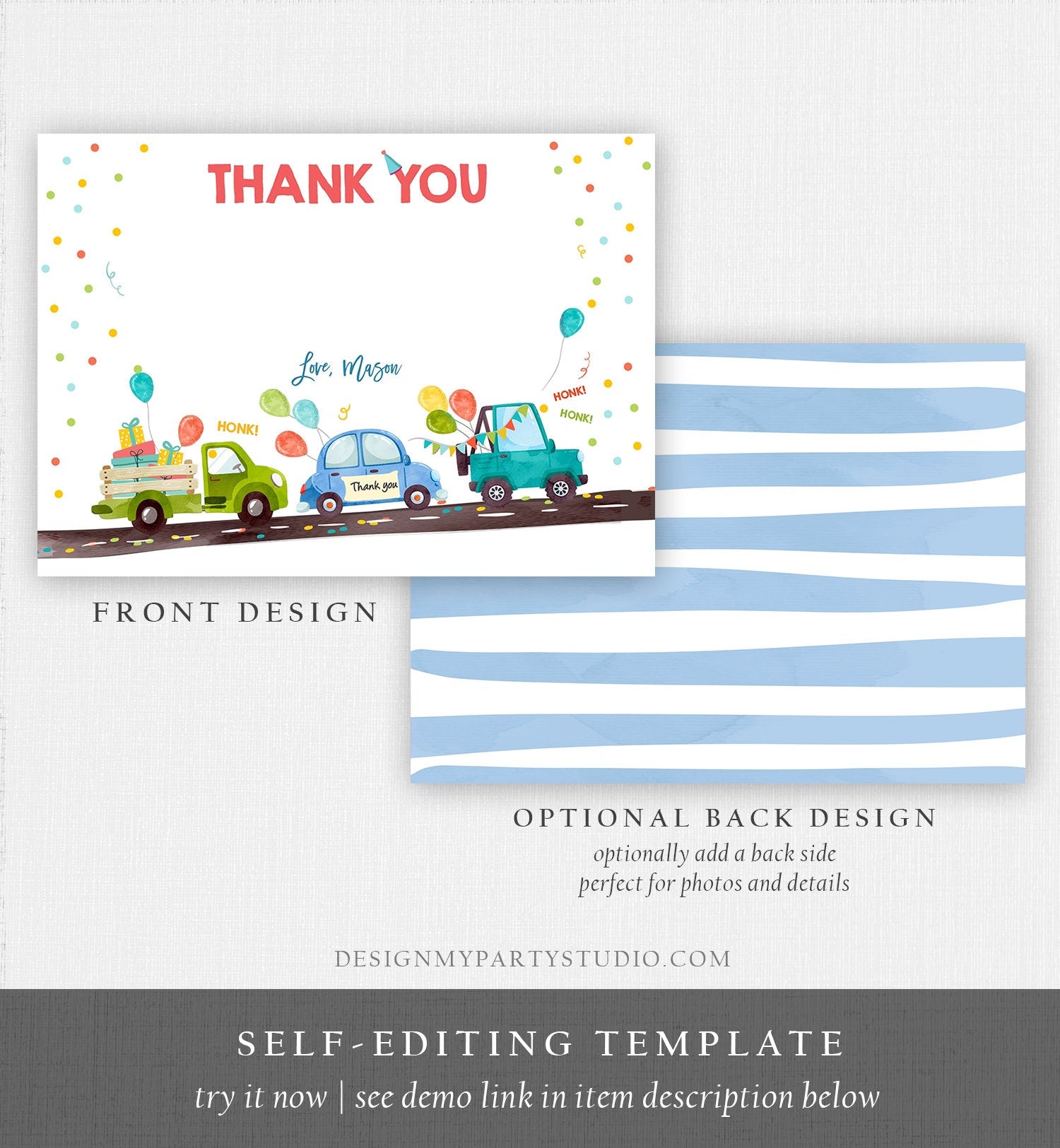 Editable Drive By Birthday Parade Thank You Card Virtual Party Invite Honk Wave Car Boy Blue Quarantine Instant Download Digital Corjl 0333