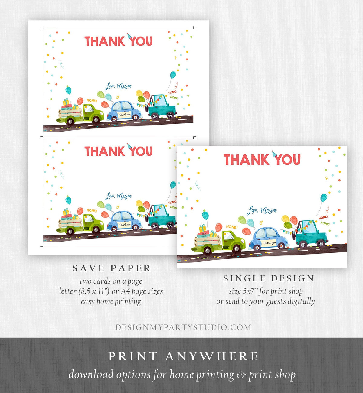 Editable Drive By Birthday Parade Thank You Card Virtual Party Invite Honk Wave Car Boy Blue Quarantine Instant Download Digital Corjl 0333