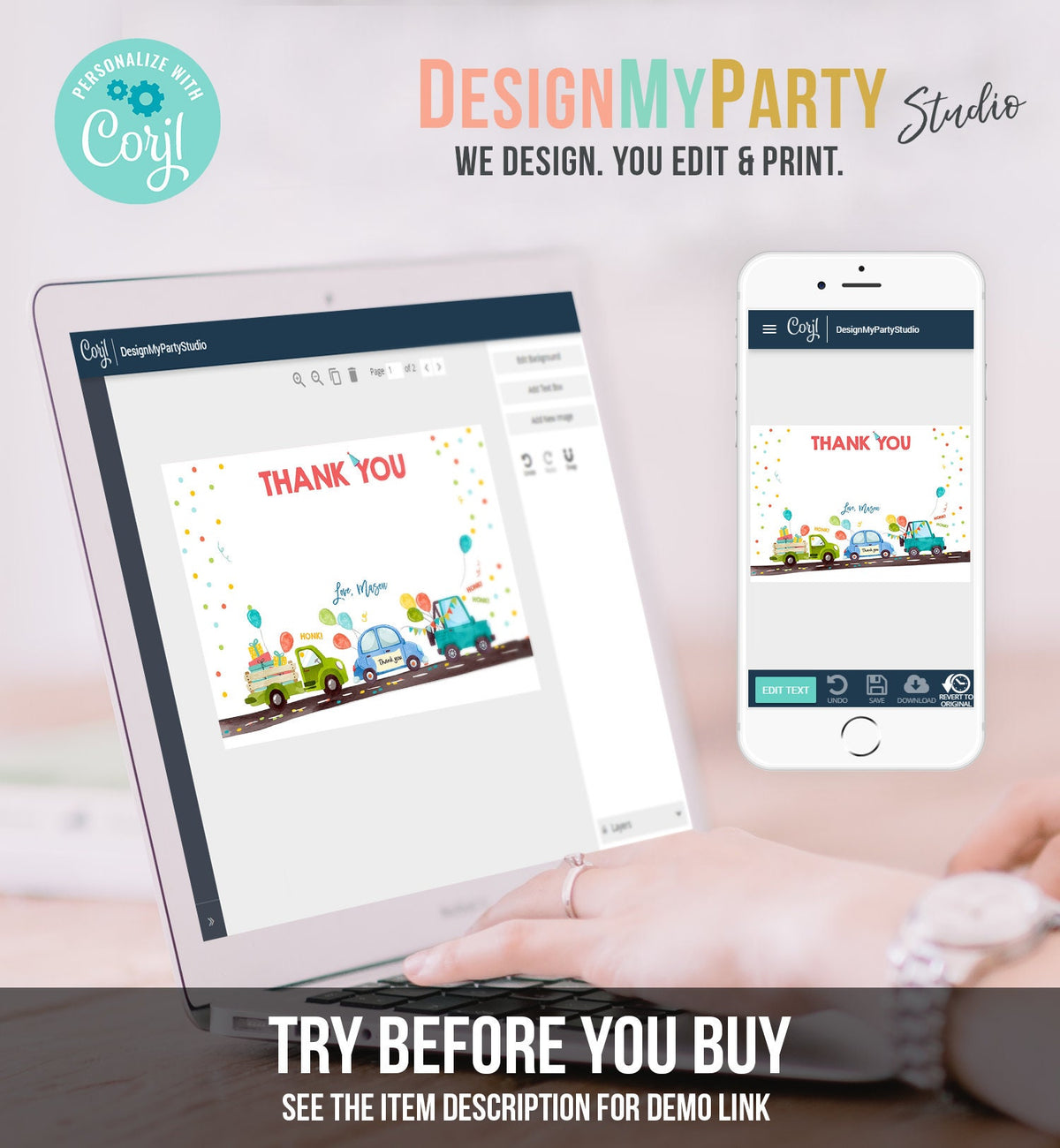 Editable Drive By Birthday Parade Thank You Card Virtual Party Invite Honk Wave Car Boy Blue Quarantine Instant Download Digital Corjl 0333